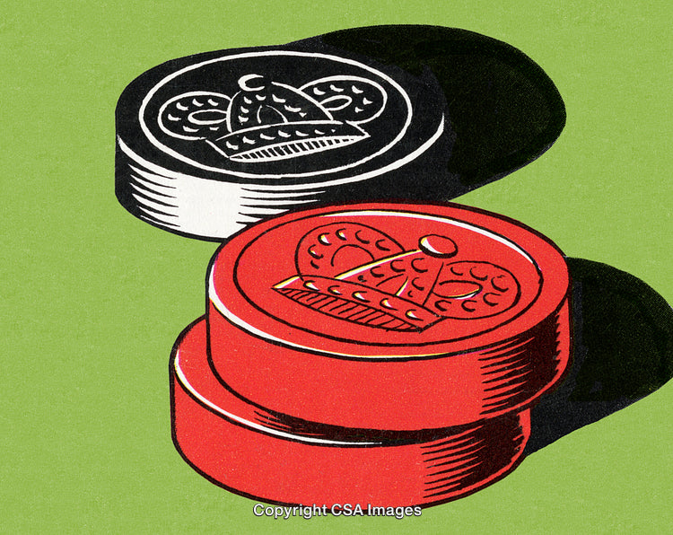 Artistic Rendering of Stacked Checker Pieces with Crown Designs on Green Background