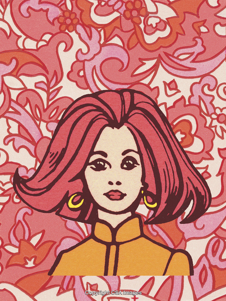 Vintage Pop Art Female Portrait With Decorative Floral Background Design