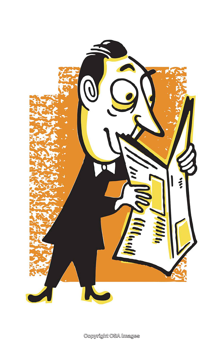 Playful Cartoon of a Man Reading a Newspaper With an Animated Expression