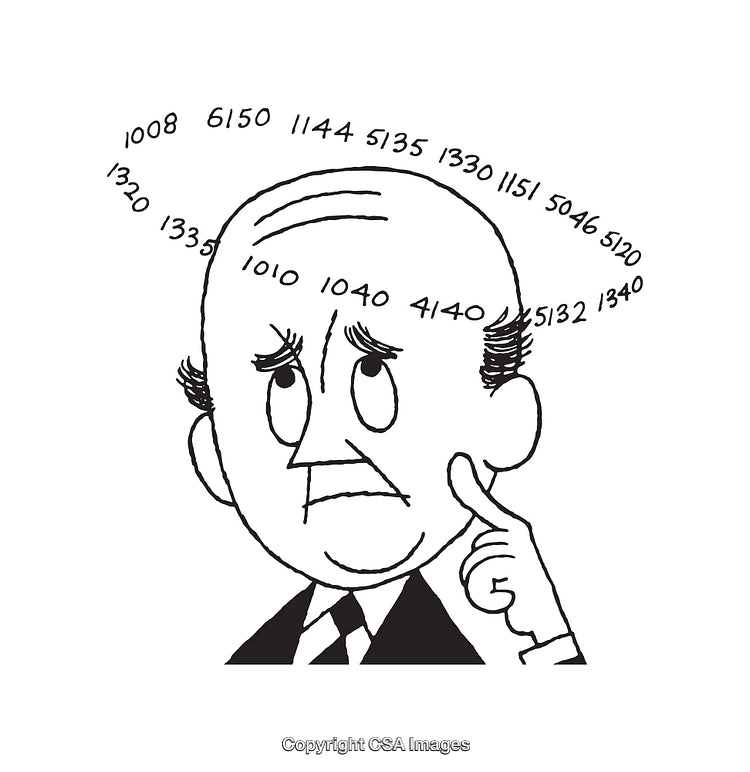 Cartoon Illustration of a Thinking Man Surrounded by Numbers and Concepts