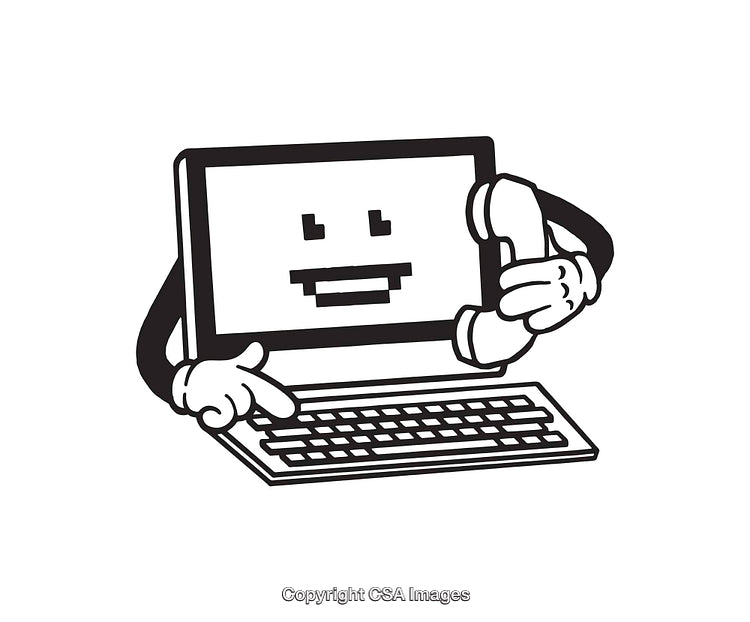 Black and White Line Art of Computer Character with Phone
