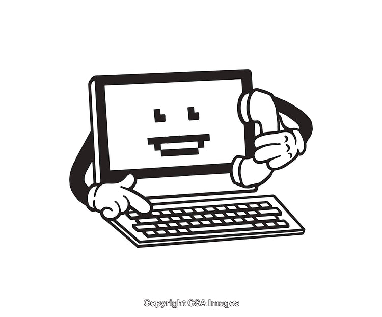 Black and White Line Art of Computer Character with Phone