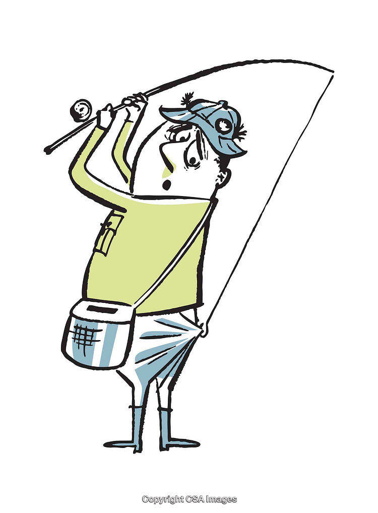 Color Illustration of a Surprised Fisherman with Rod and Bag