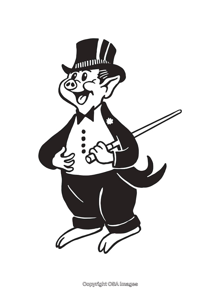 Black and White Retro Pig Illustration in Formal Tuxedo with Top Hat