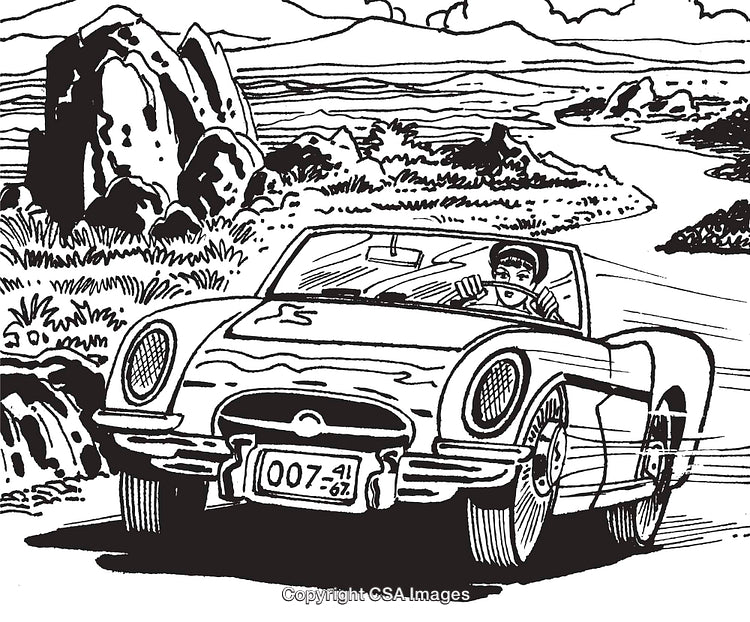 Scenic Drive in a Retro Convertible Amid Rolling Hills and Rocky Terrain