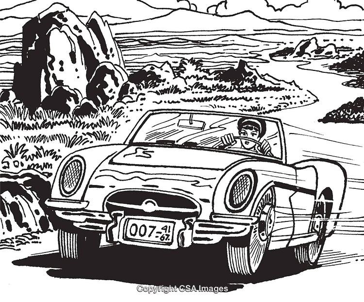 Scenic Drive in a Retro Convertible Amid Rolling Hills and Rocky Terrain