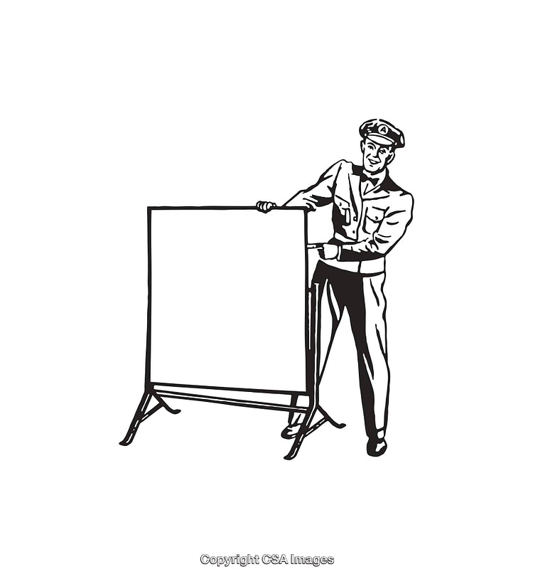 Vintage Line Drawing of Professional at Board Displaying Blank Panel