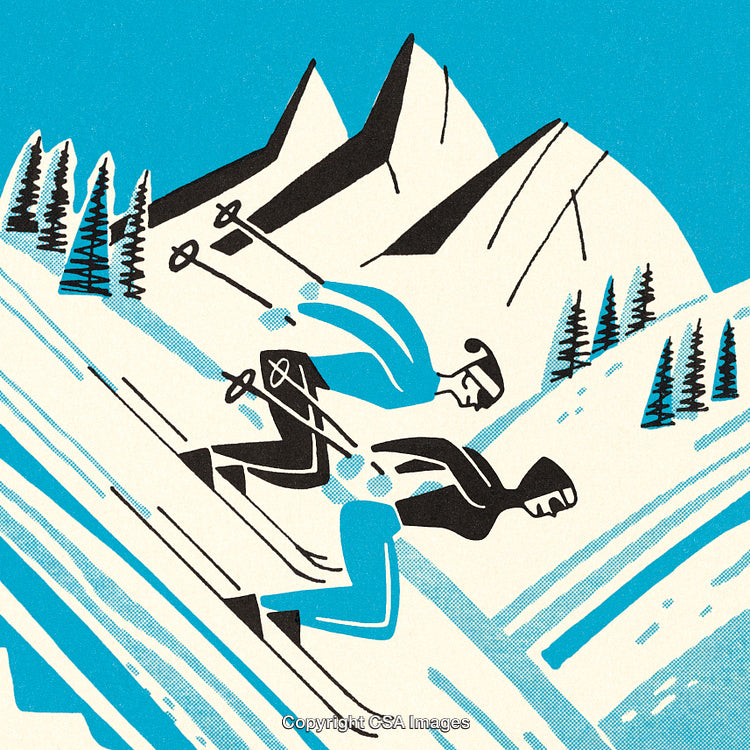 Retro Illustration of Skiers Racing Down Snowy Alpine Slopes