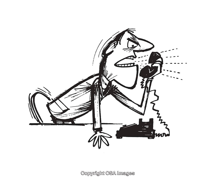 Black and White Line Art of a Frustrated Man Using a Telephone