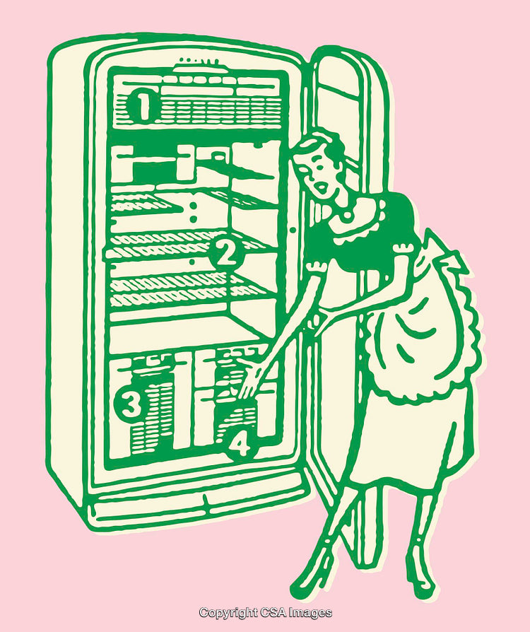 Vintage Line Art of a Woman Standing by Open Refrigerator