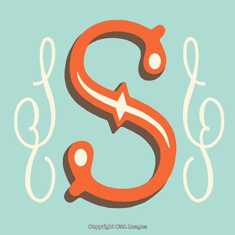 Stylized Orange Letter S on Blue Background with Decorative Flourishes