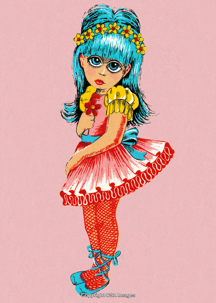 Colorful Vintage Illustration of a Young Girl With Floral Headpiece