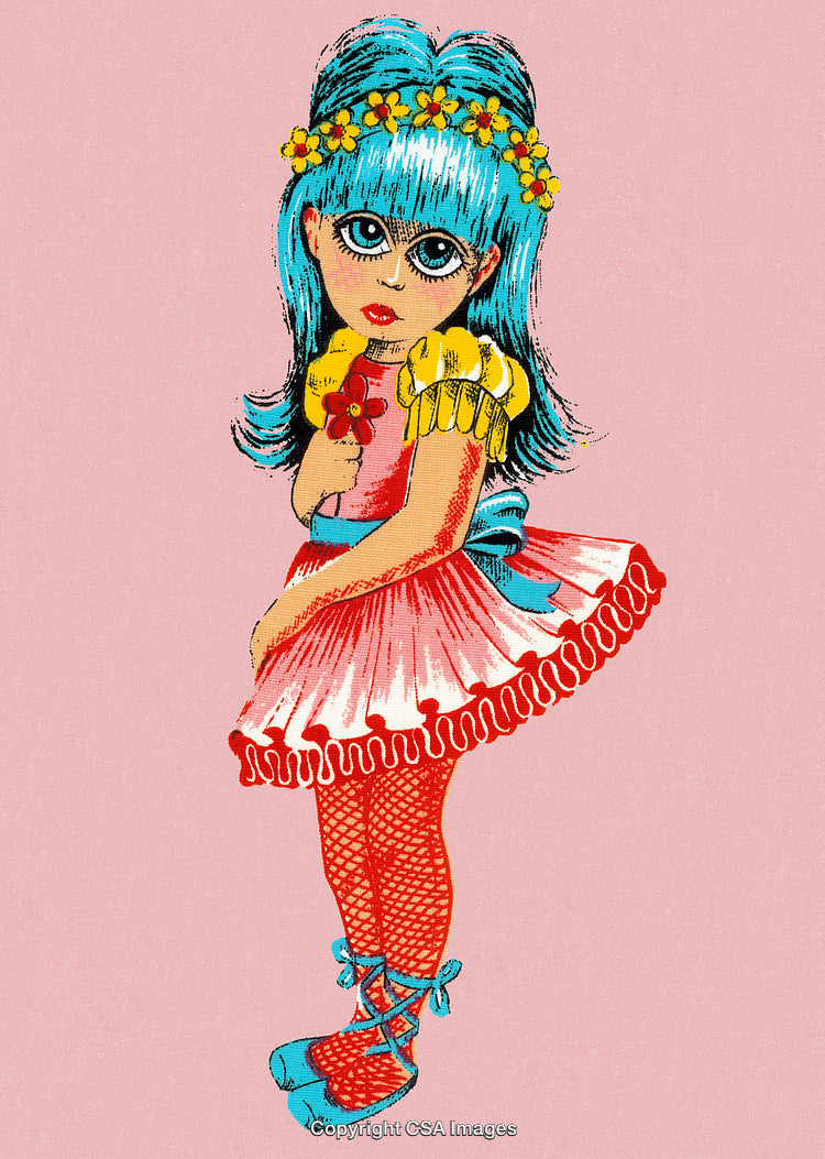 Colorful Vintage Illustration of a Young Girl With Floral Headpiece