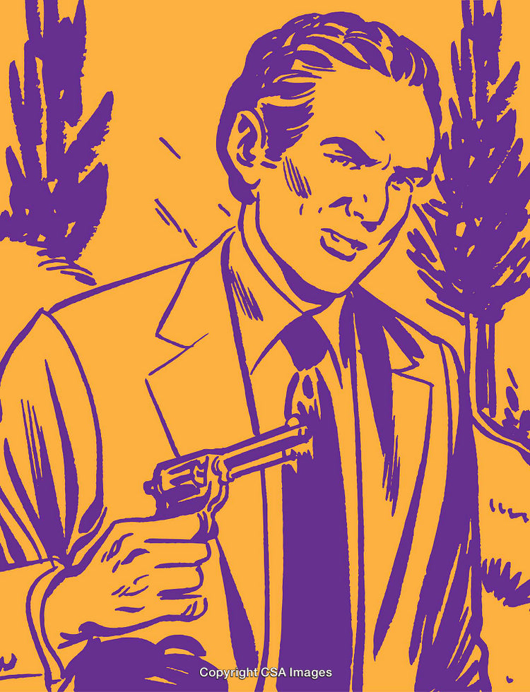 Pop Art Drawing of Man with Revolver in Bold Color Palette