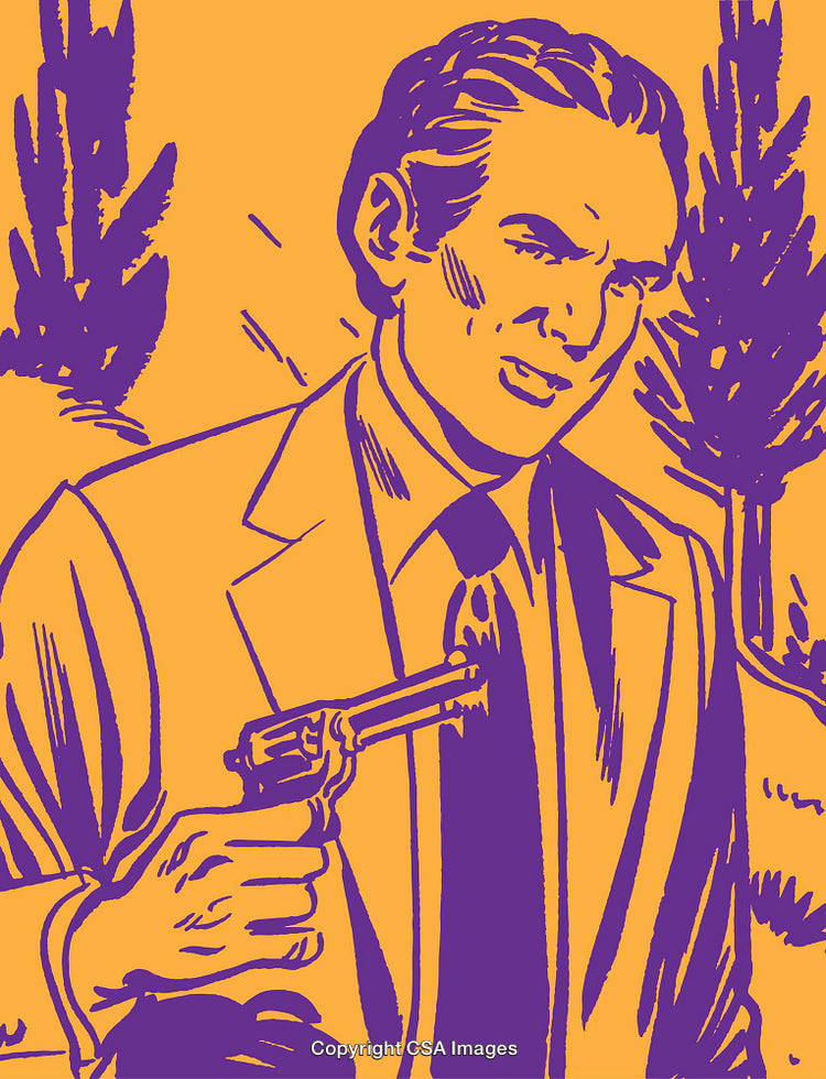 Pop Art Drawing of Man with Revolver in Bold Color Palette