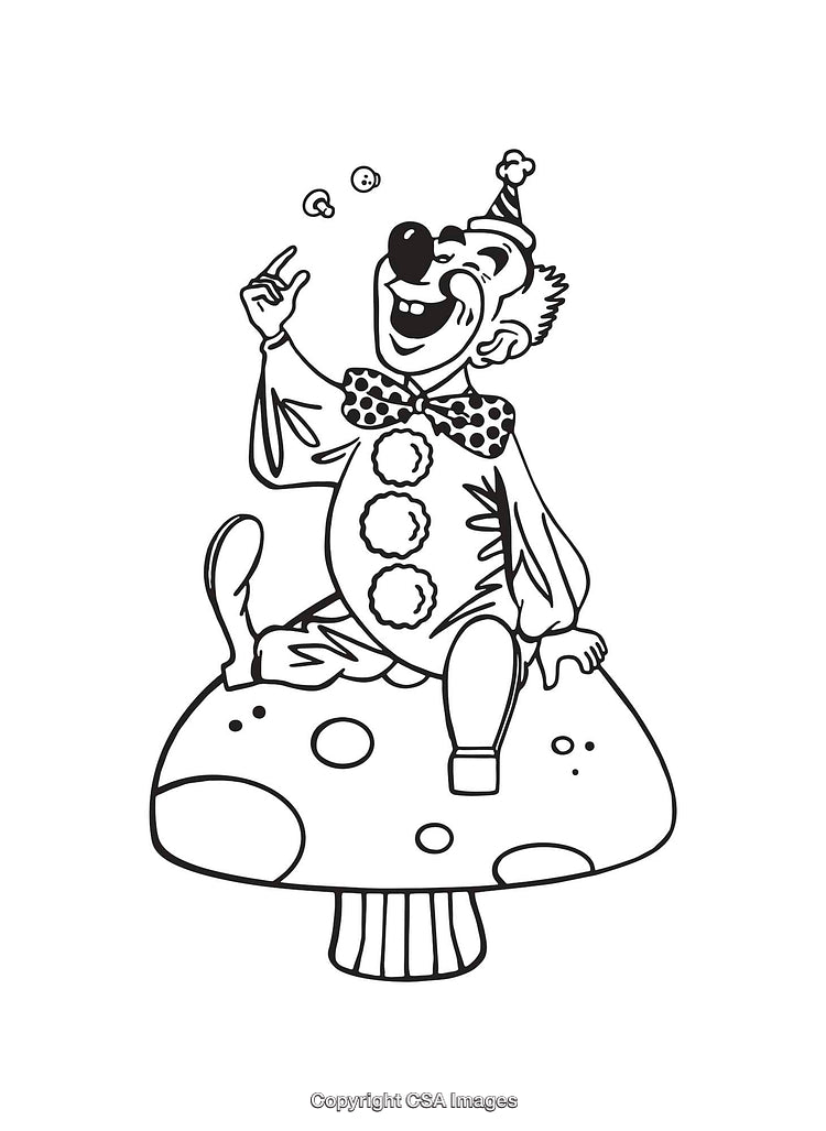 Black and White Clown Sitting on a Mushroom Line Art Illustration