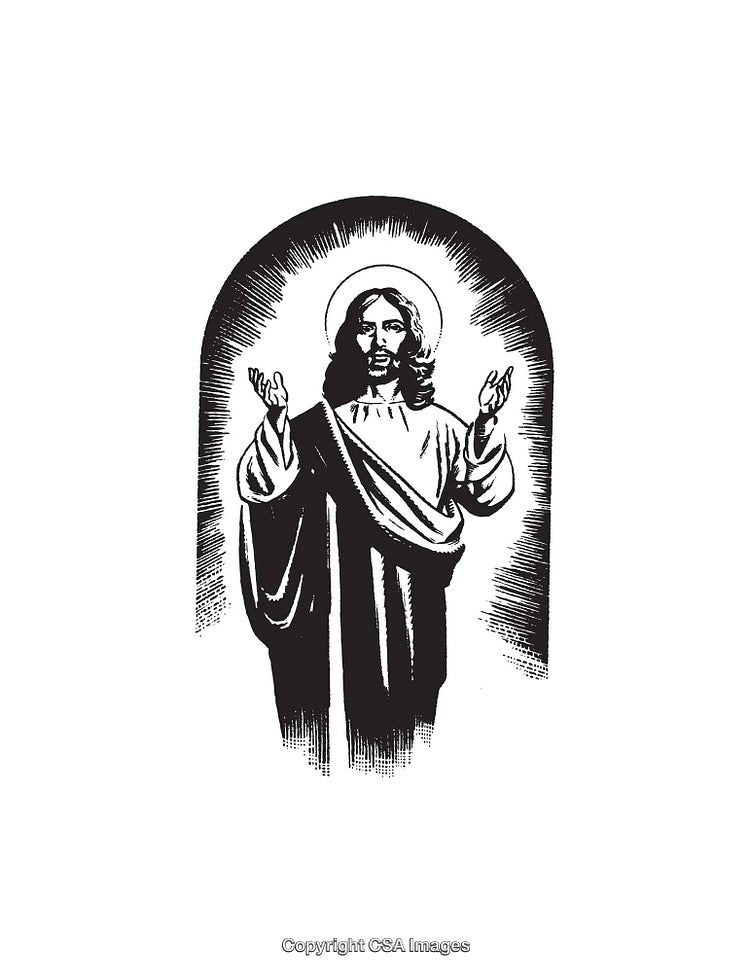 Black and White Religious Icon of Jesus Christ in a Radiant Frame