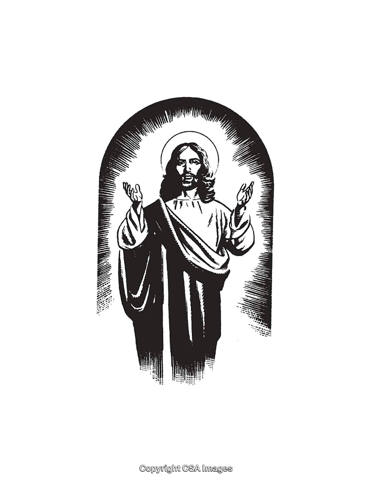 Black and White Religious Icon of Jesus Christ in a Radiant Frame