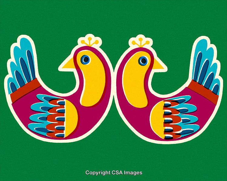 Vibrant Folk Art Style Illustration of Two Colorful Birds