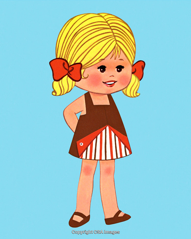 Retro Illustration of a Cheerful Girl in a Vintage Dress with Red Bows