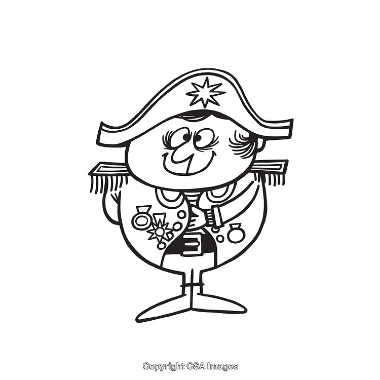 Black and White Sketch of a Cartoon Military Character in Uniform