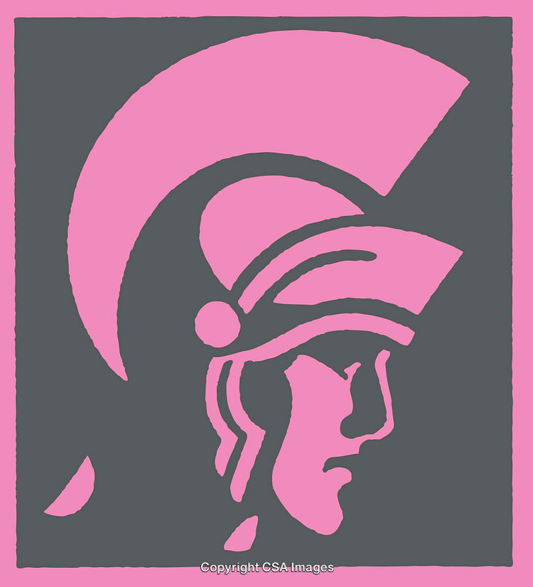 Stylized Spartan Helmet in Pink and Gray Line Art Design