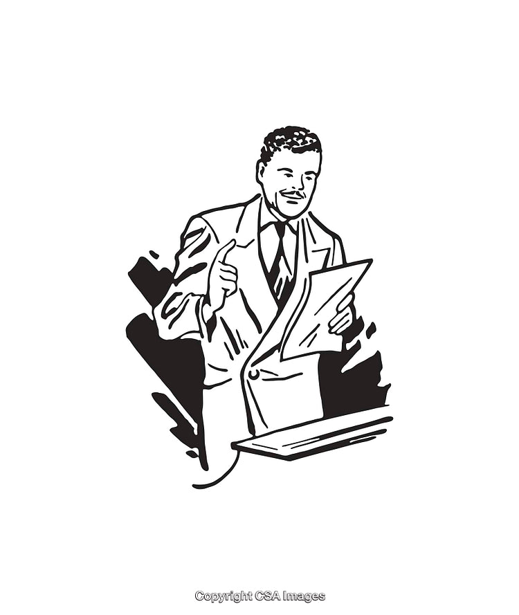 Vintage Black and White Line Art of a Confident Speaker