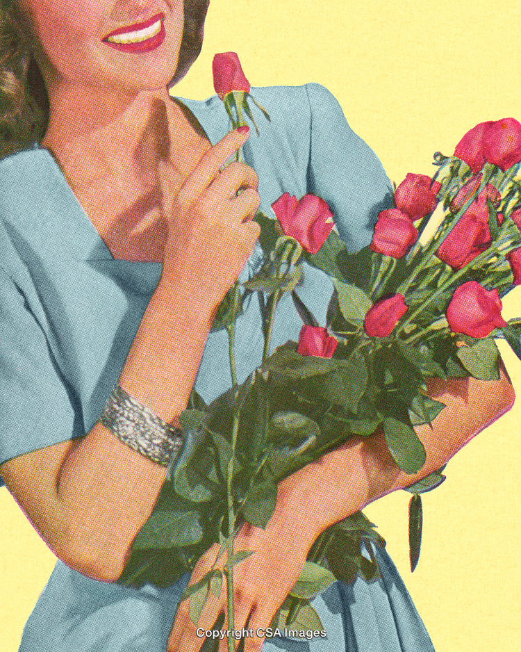 Woman Holding Red Roses Against Yellow Background in Retro Style