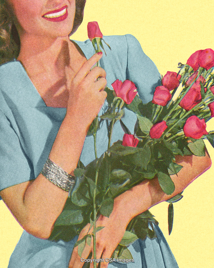 Woman Holding Red Roses Against Yellow Background in Retro Style