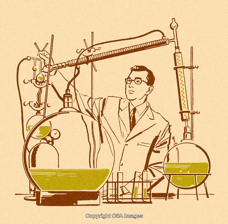 Illustration of a Scientist Conducting Experiments in a Vintage Chemistry Lab