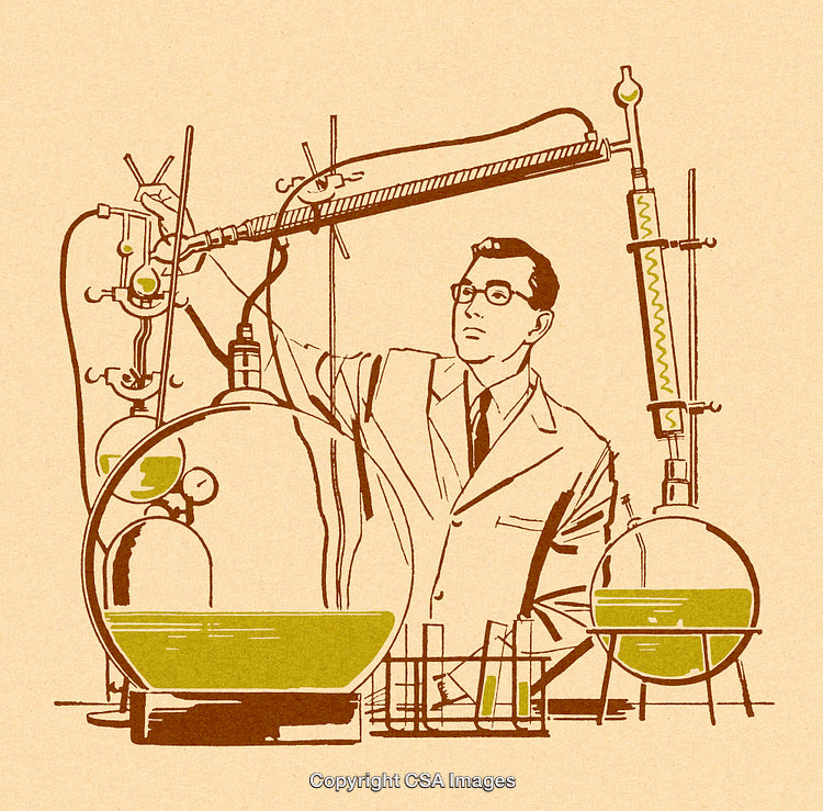 Illustration of a Scientist Conducting Experiments in a Vintage Chemistry Lab
