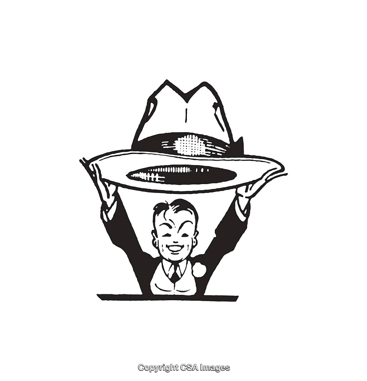 Illustration of a Character Lifting a Large Stetson Hat Drawing
