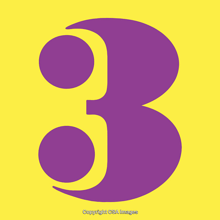 Purple Number Three on Vibrant Yellow Background in Bold Font