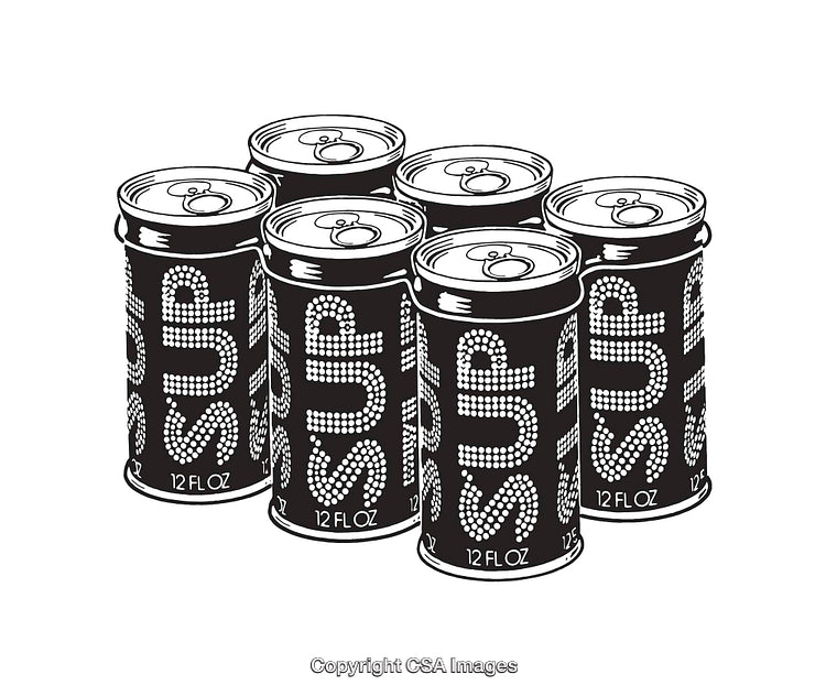 Black and White Line Art Illustration of Six Soda Cans Arranged Neatly