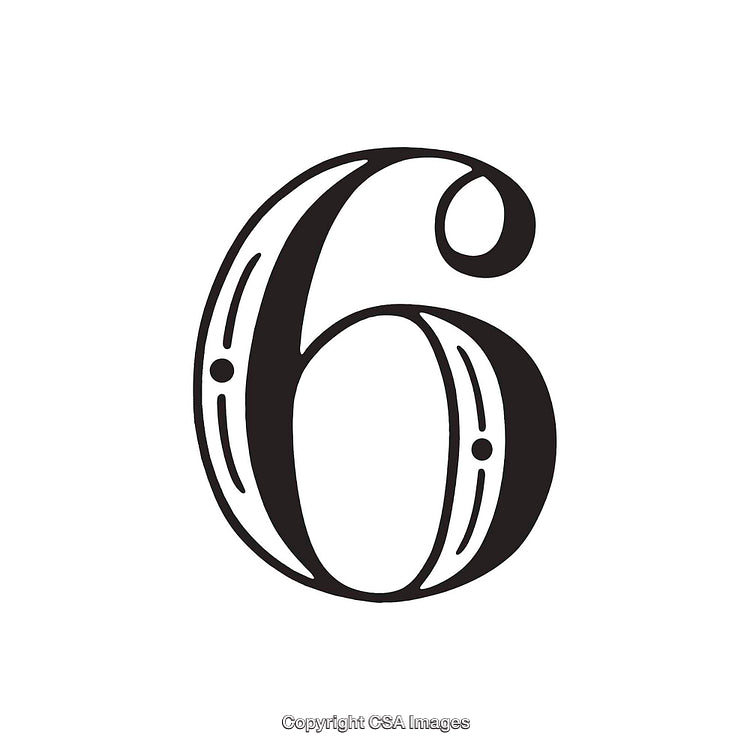 Stylized Black Number Six with Decorative Details on White Background