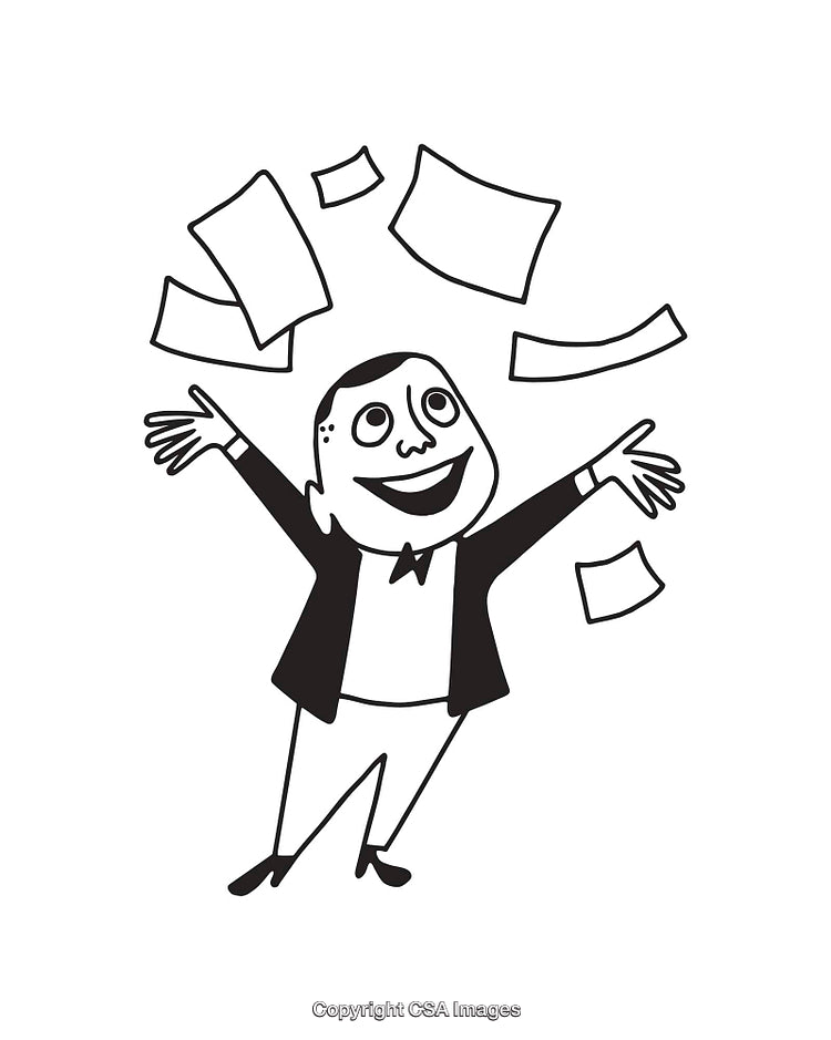 Excited Cartoon Character Celebrating With Papers Flying in the Air