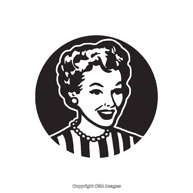 Retro Black and White Line Art Illustration of a Smiling Woman
