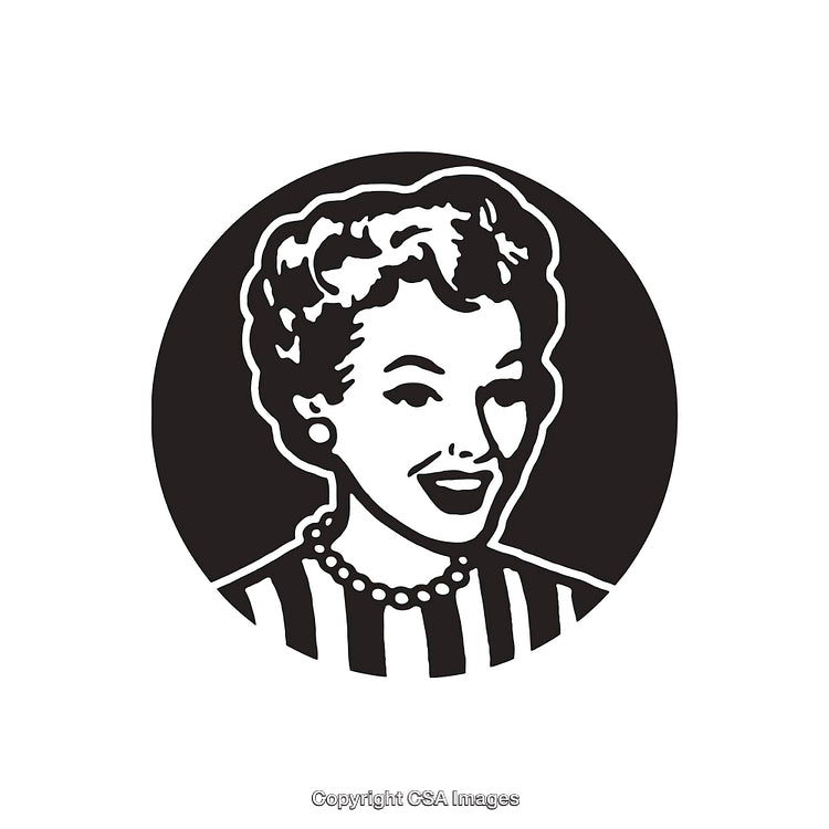 Retro Black and White Line Art Illustration of a Smiling Woman