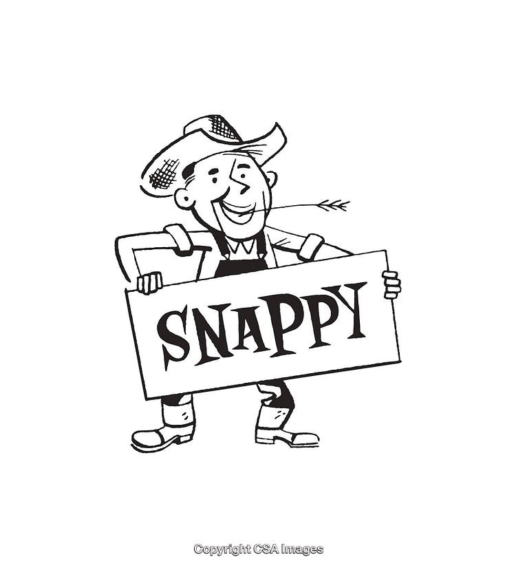 Black and White Line Art of a Character Holding a Snappy Sign