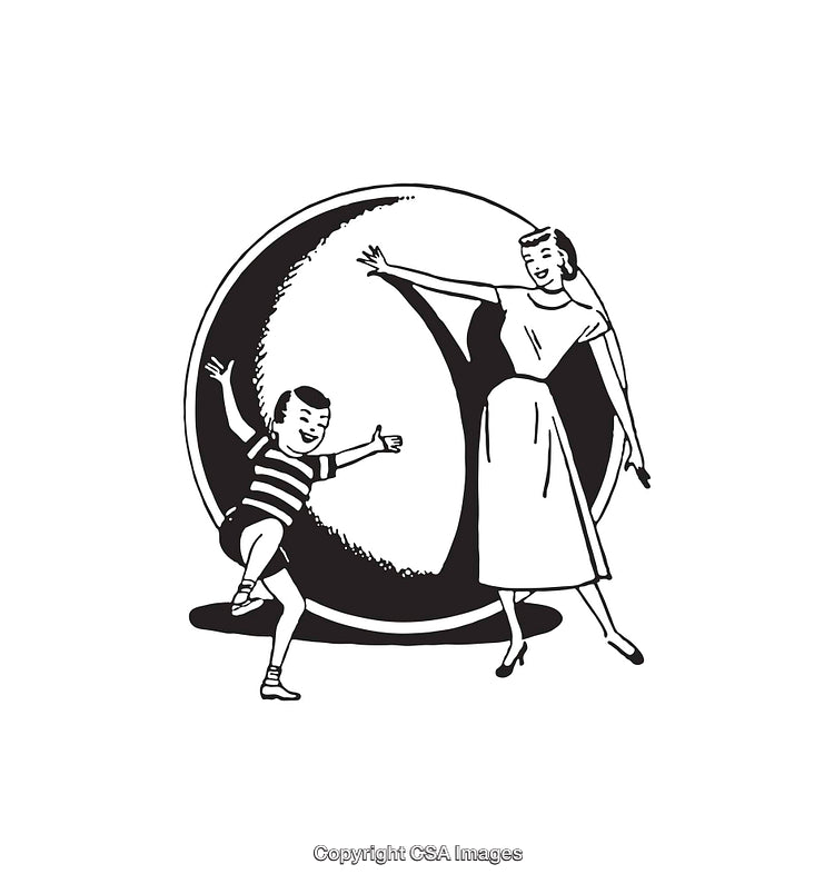 Retro Black and White Illustration of Mother and Child Playing Outdoors
