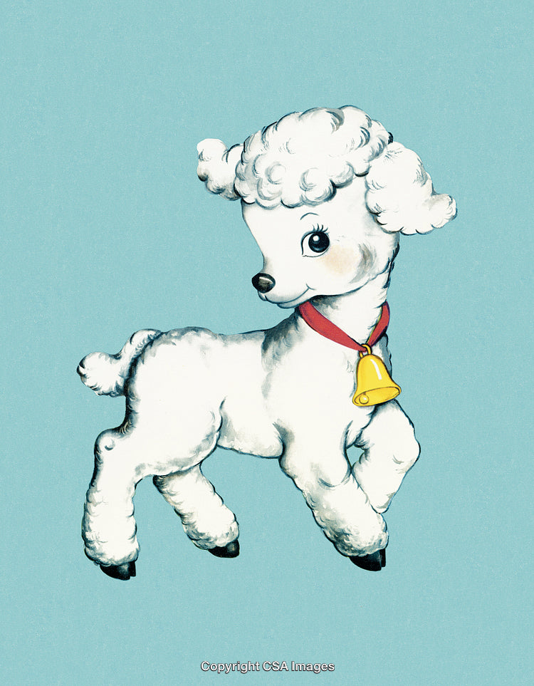 Cute Cartoon Lamb With Collar and Bell on Blue Background