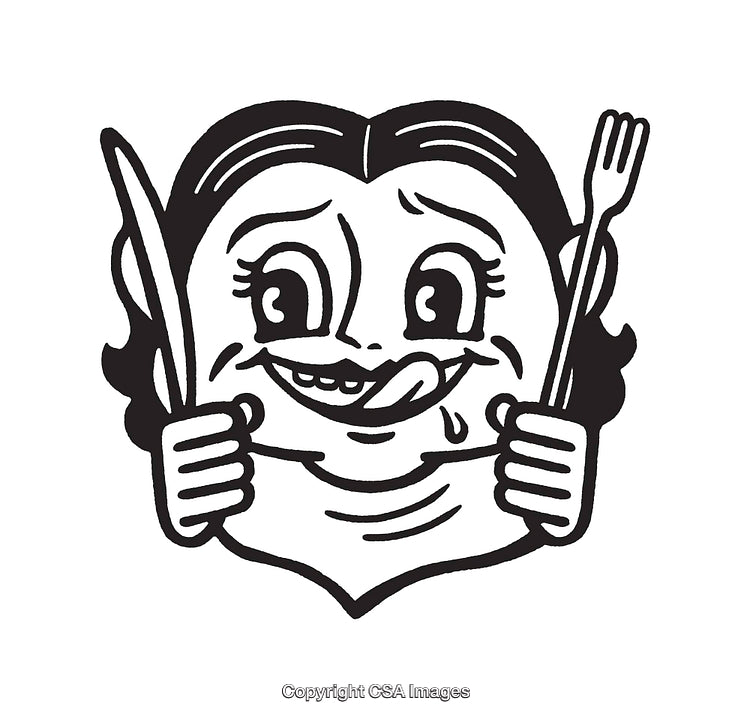 Black and White Illustration of a Hungry Person with Utensils