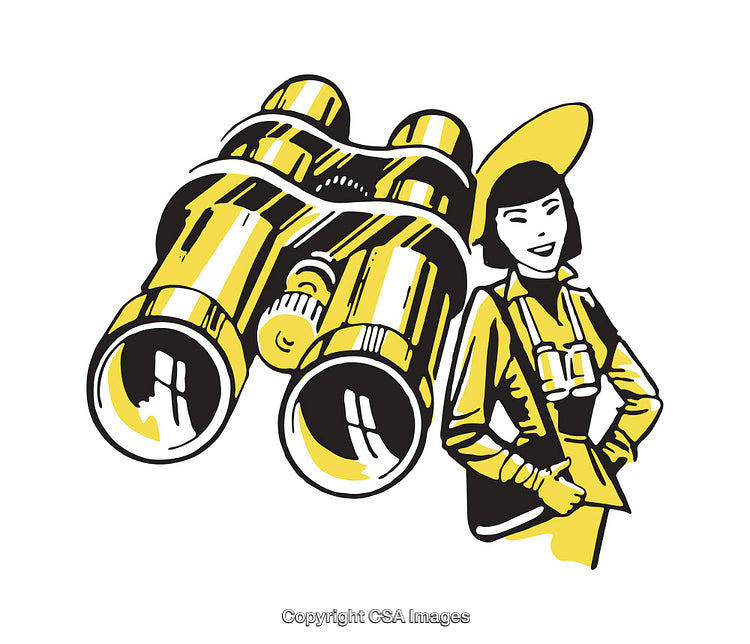 Retro Illustration Featuring Binoculars and Woman Explorer in Bold Yellow Style