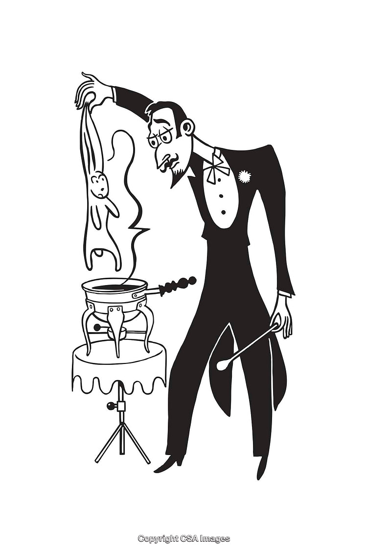 Magician Performing Illusion Trick With Rabbit and Top Hat