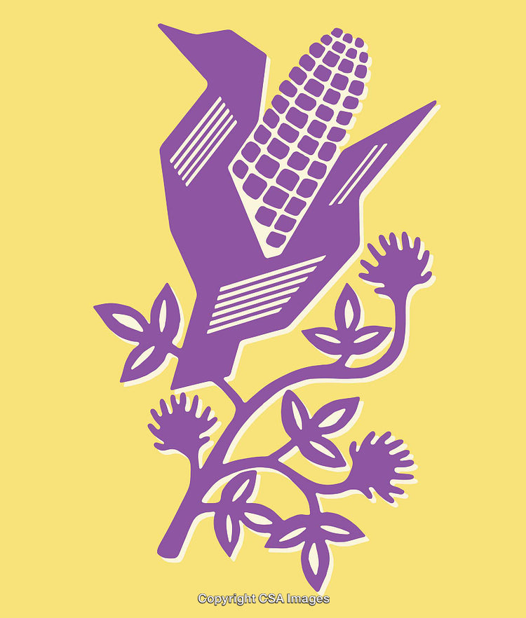 Purple Corn and Bird Silhouette on Yellow Background