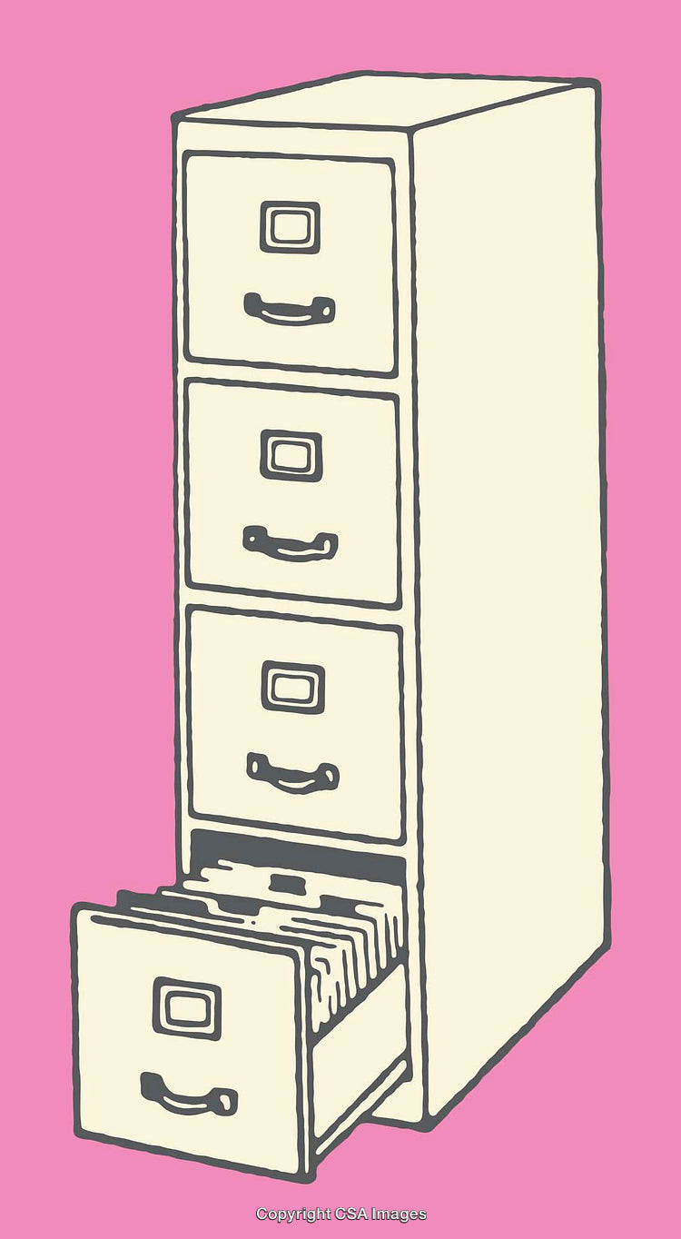 Illustration of Filing Cabinet With Documents in Open Drawer on Pink Background