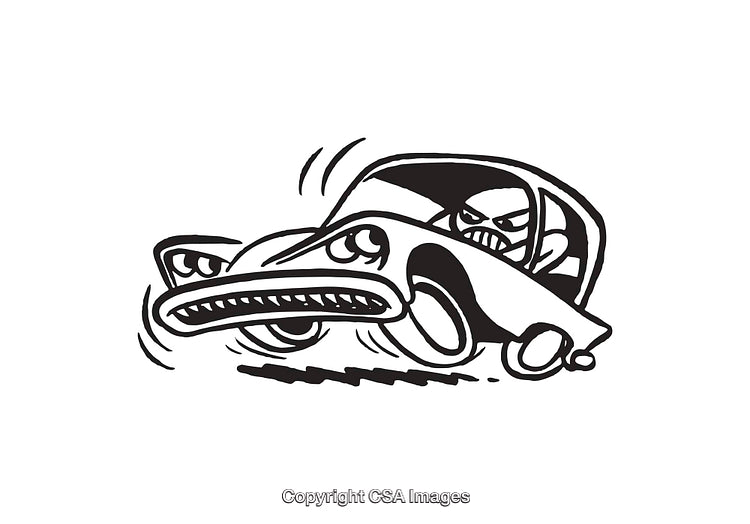 Black and White Line Art Illustration of a Stylized Car with Character