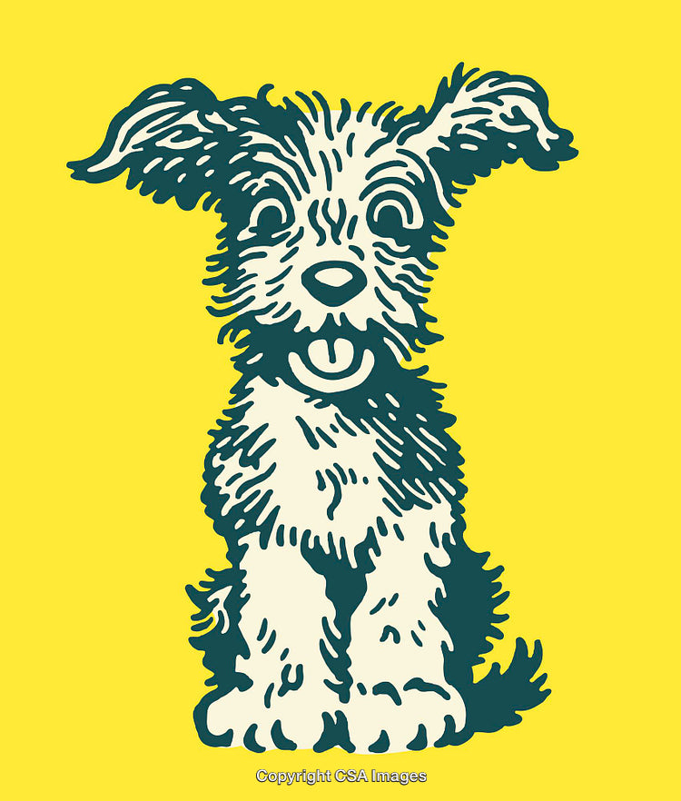 Whimsical Line Art Illustration of a Happy Puppy on Yellow Background