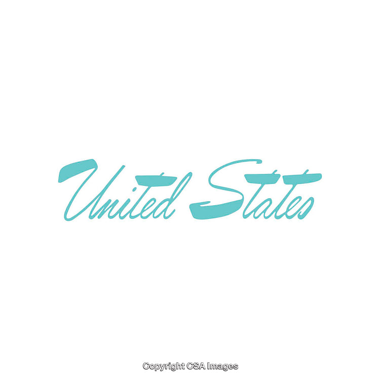 Stylized Script of United States in Vibrant Aqua Blue Letters