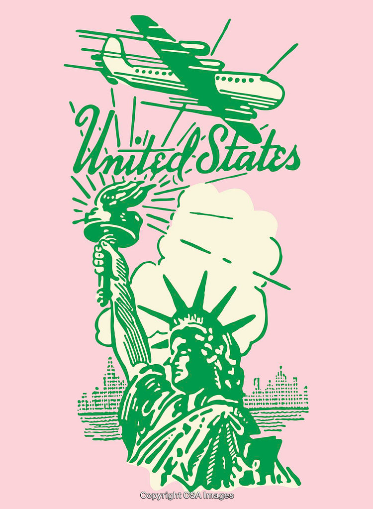 Color Line Art Depiction of Iconic United States Symbols with Statue of Liberty